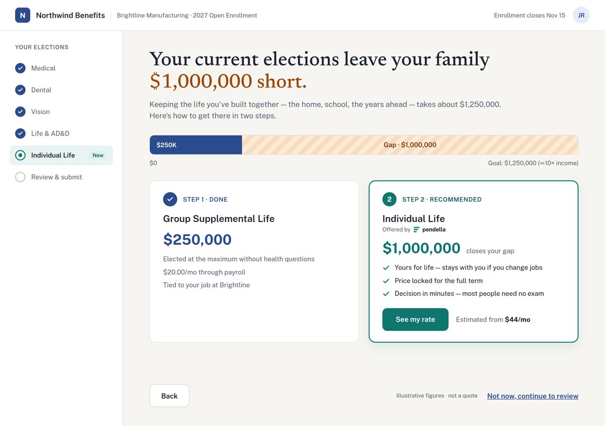 Screen showing the member's current elections leave their family $1,000,000 short, with a recommended Individual Life policy to close the gap.
