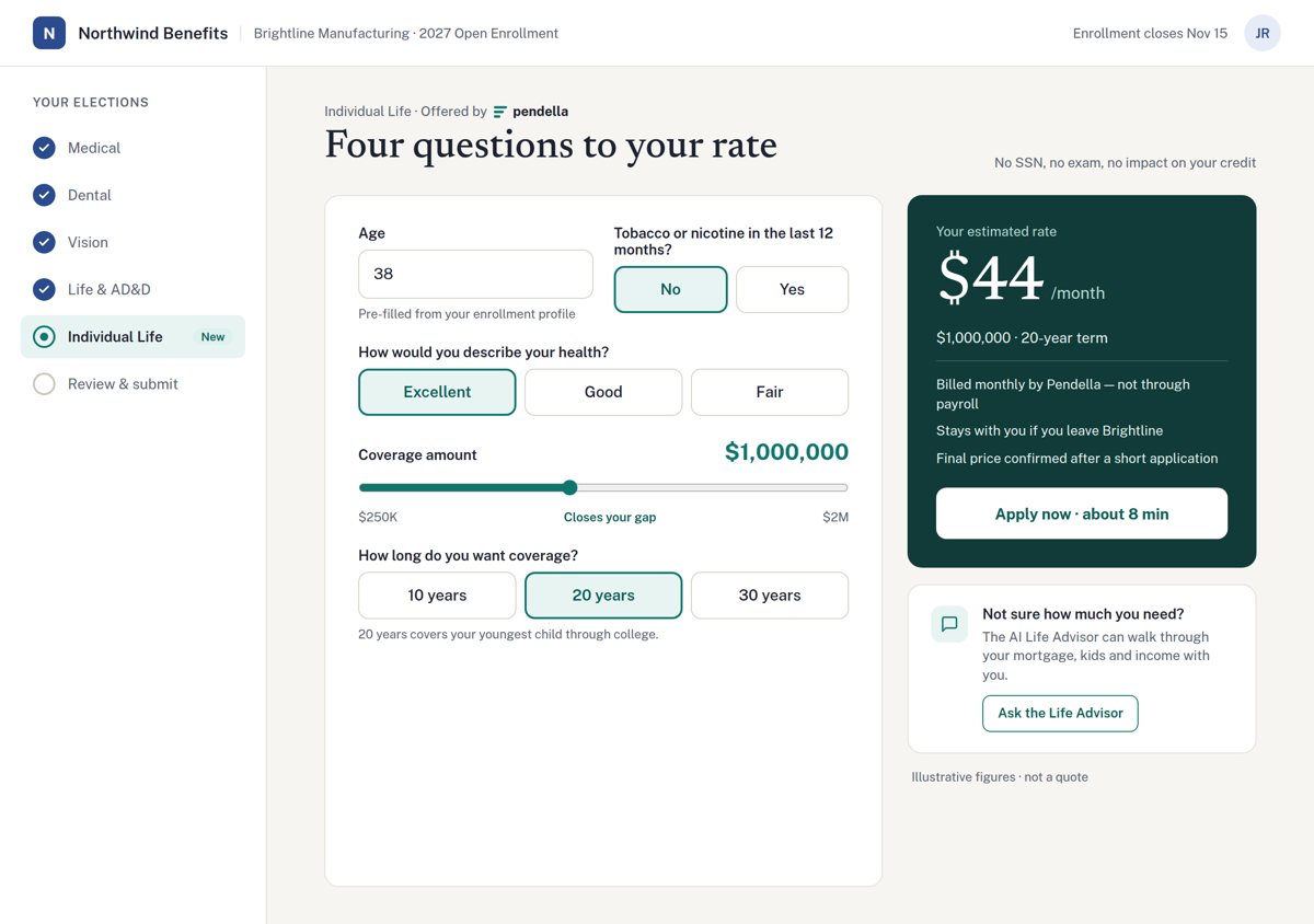 Screen showing four quick questions and an instant estimated rate of $44 a month for $1,000,000 of coverage.