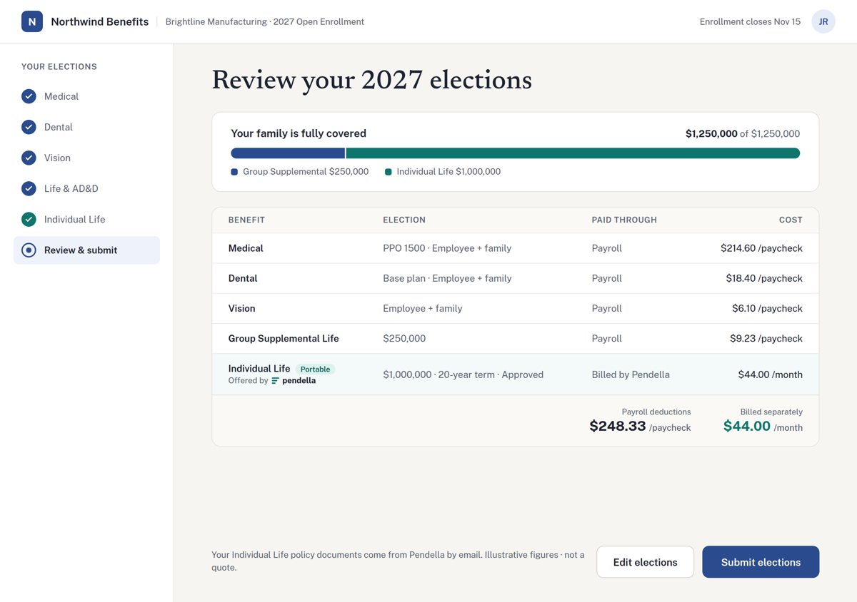 Review screen showing Individual Life listed alongside medical, dental, and vision in the member's 2027 benefit elections.